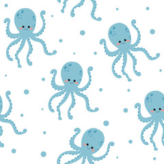 Cute octopus seamless pattern with underwater animals isolated on white background. Vector illustration of children's cartoon characters. Design element for cards, posters, banners, summer design  
