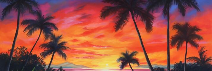 Fototapeta na wymiar A painting of a tropical sunset with palm trees in the foreground, generative ai
