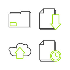 Set line Document with clock, Cloud upload, download and folder icon. Vector