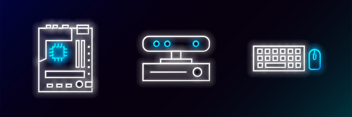 Set line Keyboard and mouse, Motherboard and Motion sensor icon. Glowing neon. Vector