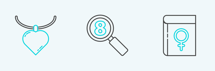 Set line Book about women, Necklace with heart shaped pendant and Search 8 March icon. Vector