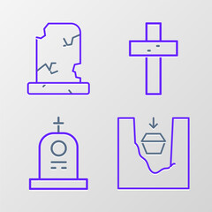 Set line Coffin in grave, Grave with tombstone, Christian cross and Old icon. Vector
