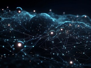Abstract connected dots and lines. Concept of AI technology, Motion of digital data flow. Communication and technology network concept with moving lines and dots. 3D rendering
