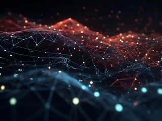 Abstract connected dots and lines. Concept of AI technology, Motion of digital data flow. Communication and technology network concept with moving lines and dots. 3D rendering