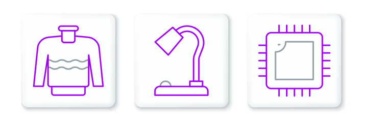Set line Processor with CPU, Sweater and Table lamp icon. Vector
