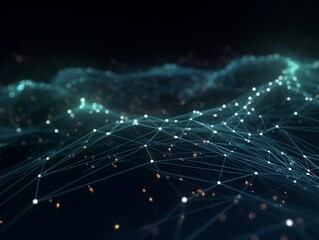 Abstract connected dots and lines. Concept of AI technology, Motion of digital data flow. Communication and technology network concept with moving lines and dots. 3D rendering
