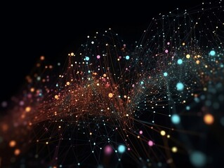 Abstract connected dots and lines. Concept of AI technology, Motion of digital data flow. Communication and technology network concept with moving lines and dots. 3D rendering