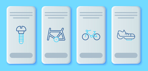 Set line Bicycle frame, Metallic screw and shoes icon. Vector