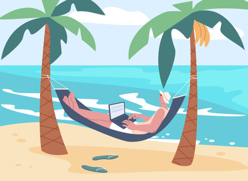 Man in hammock relaxing on beach. Happy tourist and freelance worker with laptop on vacation. Holiday summer rest on ocean, kicky vector scene