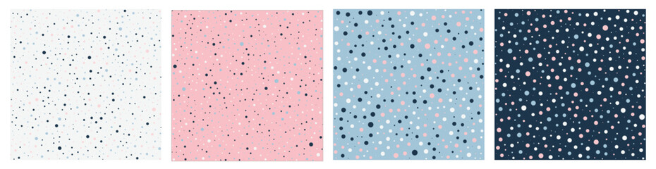 Abstract geometric random size multicolour circles polka dots in gray pink blue square frame seamless patterns. Vector illustration. 