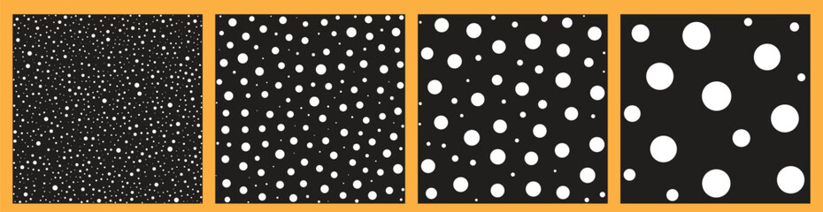 Abstract geometric random size white circles polka dots in black square frame seamless patterns. Vector illustration. 