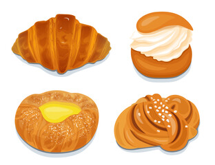 Bakery vector icons set, illustration of croissant, semla, cinnamon wicker roll and danish round bun, pastry goods collection, various isolated sweet breads products