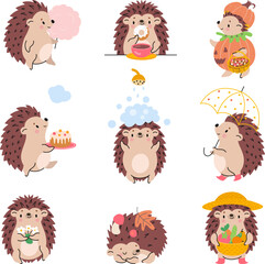 Cartoon hedgehogs stand and play. Hedgehog sleep, eating sweets and drink tea. Cute baby animal, forest autumn creatures nowaday vector set © MicroOne
