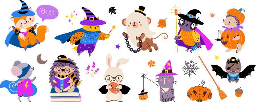 Halloween animals wear costumes. Pets holiday, adorable magic wild characters. Fantasy baby animal, wizard cute creatures nowaday vector clipart