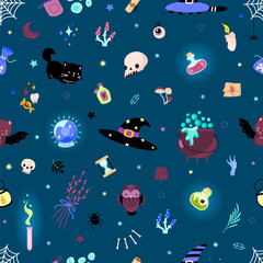 Naklejka na ściany i meble Witch magic seamless pattern. Magical elements, cartoon bottle poison, crystal ball and hat. Halloween black cat and bat, nowaday vector print