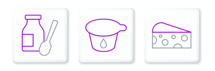 Set line Cheese, Drinking yogurt in bottle and Yogurt container icon. Vector
