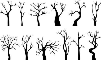 Naked tree black isolated silhouette. Winter trees, autumn empty branches. Old wooden dry oak, flat large and tiny forest neoteric vector set