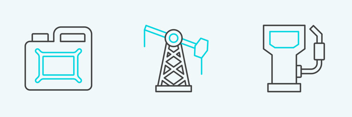 Set line Petrol or gas station, Canister for motor oil and Oil pump pump jack icon. Vector