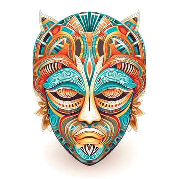 Mask. African devil mask with horns, eyes. Ornamental ritual tribal ethnic mask. Colorful patterned african aborigine mask on white background. Decorative ornaments