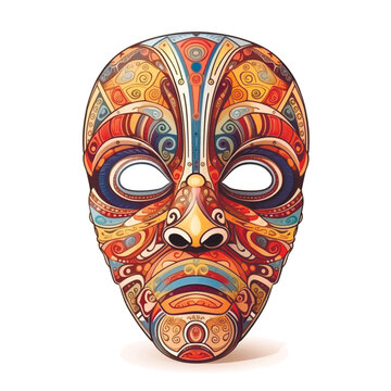 Mask. African exotic ornamental ritual tribal ethnic mask. Colorful patterned african aborigine mask on white background. Decorative ornament. Artistic creative ornate mask with doodle ornaments
