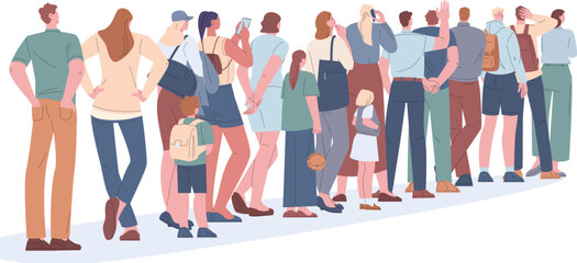 Waiting people standing in line. Isolated crowd wait, queue customers or in airport tourist. Adults and children stand back view, kicky vector concept