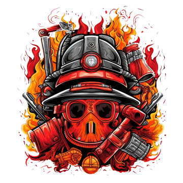 An eye-catching firefighter t-shirt design featuring a stylized fireman's helmet in bright red, surrounded by symbolic elements such as axes, ladders, Generative Ai