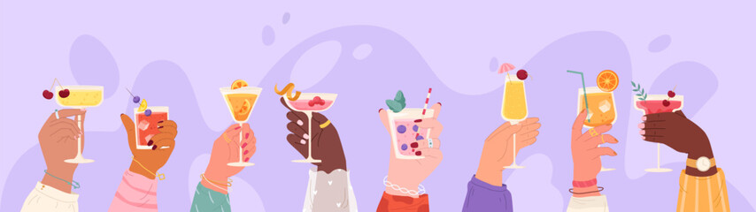 Friends hands holding cocktails. Mojito and margarita, cheers banner. Summer pool drink party, glass on wine and cocktail, snugly vector concept