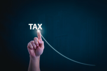 financial research government tax and calculation tax return concept Businessman showing holographic tax on hand Online tax return form filling concept for payment, online marketing, business process.