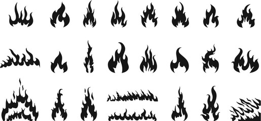 Obraz na płótnie Canvas Isolated black fires silhouettes, fire flames icons. Monochrome burn heat elements, hot campfire pictogram. Doodle devil decent vector symbols