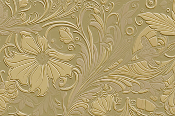 Fototapeta na wymiar Floral art nouveau old retro style leafy 3d emboss pattern. Vector embossed golden background. Repeat emboss plants backdrop. Surface relief 3d flowers leaves textured ornament in old nouveau style