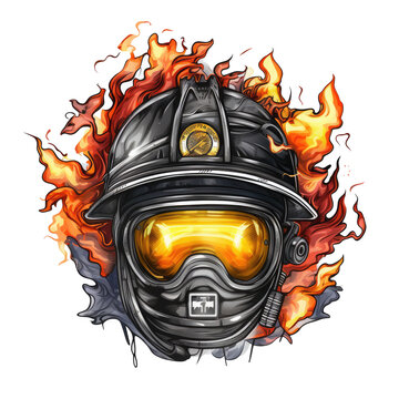 Imagine a Firefighter T-shirt Design featuring a firefighter's helmet with flames in the background, Generative Ai