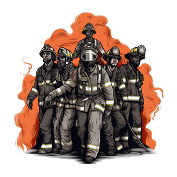 A T-shirt design that celebrates the diversity of the firefighting community. The design should feature a group of firefighters of different races and genders, Generative Ai