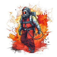 A Firefighter T-shirt Design featuring a digital artwork of a futuristic firefighter with a high-tech suit and gadgets, fighting a fire with a laser gun, Generative Ai