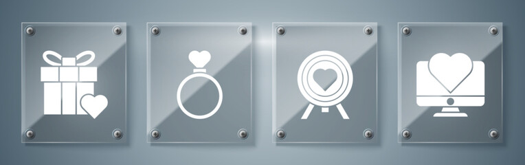 Set Computer monitor with heart, Heart in the center of darts target aim, Wedding rings and Gift box and heart. Square glass panels. Vector