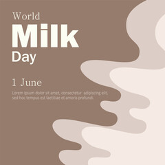 World Milk Day, June 1, conceptual greeting card with text and milkshakes. Typographic design, vector square banner for emails, invitations, website ads, store signage.