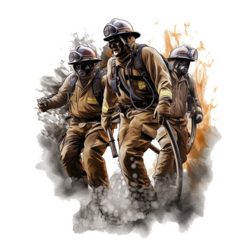 A Firefighter T-shirt Design featuring a realistic photograph of a group of firefighters carrying a hose and working together to extinguish a fire, Generative Ai