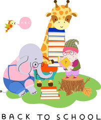 Back to school characters. Gnome teacher reading book to giraffe and elephant. Animal students, read book day. Autumn vector children education scene