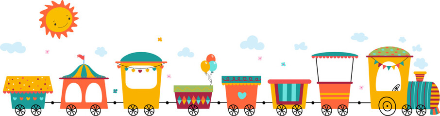 Children cartoon train, amusement park transport with sun and clouds. Kids attraction, empty trailers with flags bunting, isolated vector graphic - obrazy, fototapety, plakaty