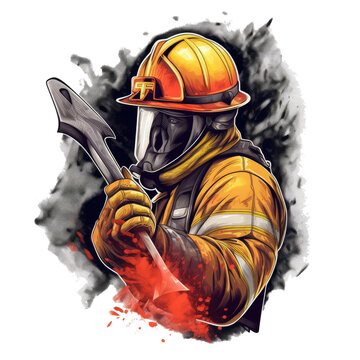 A Firefighter T-shirt Design featuring a close-up of a firefighter's gloved hand holding a fire axe, Generative Ai