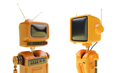 Set 3d friendly robot, cyborg or android with head in shape of an old retro TV or monitor in realistic cute cartoon style. Technology creative concept design. Bright funny render illustration.