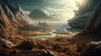 Alien planet landscape created with Generative AI technology.