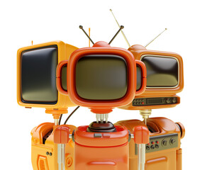 Naklejka premium 3d friendly robot, cyborg or android with head in shape of an old retro TV or monitor in realistic cute cartoon style. Technology creative concept design. Set bright funny render illustration.