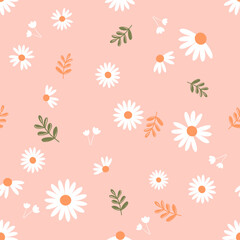 Seamless pattern with daisy flower and green branch on pink background vector.
