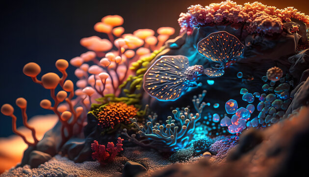 Extreme close-up of simplistic and stunning corals in a natural setting, rendered in a 3D illustration style. The underwater wallpaper showcases the textured beauty of coral, creating an abstract and