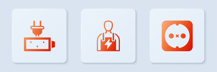 Set Car mechanic, Battery charge and Electrical outlet. White square button. Vector