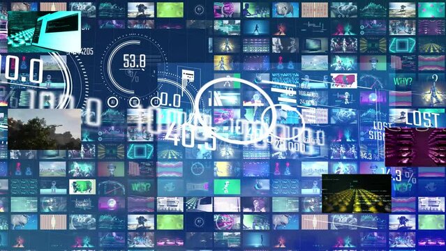 animation of collage montage streaming videos for technology, artificial intelligence and robots broadcast studion screen wall programs tv signal with hud interface graphic and data analyse overlay