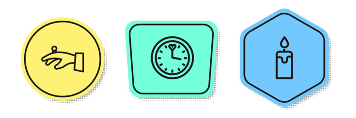 Set line Wedding rings on hand, Clock and Burning candle. Colored shapes. Vector
