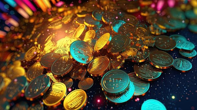 coins with light in the style of cyberpunk futurism. cryptopunk background.