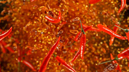 Freeze motion of flying red chilli peppers on black background.