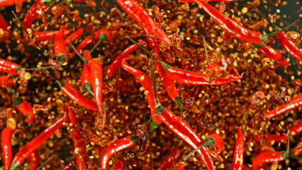 Freeze motion of flying red chilli peppers on black background.